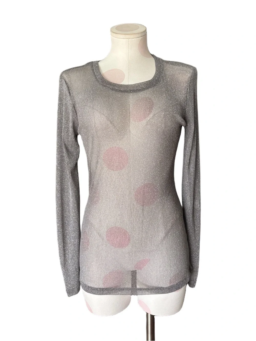 Sheer Metallic Shimmer Top - Silver Lurex Knit - Long Sleeve - small